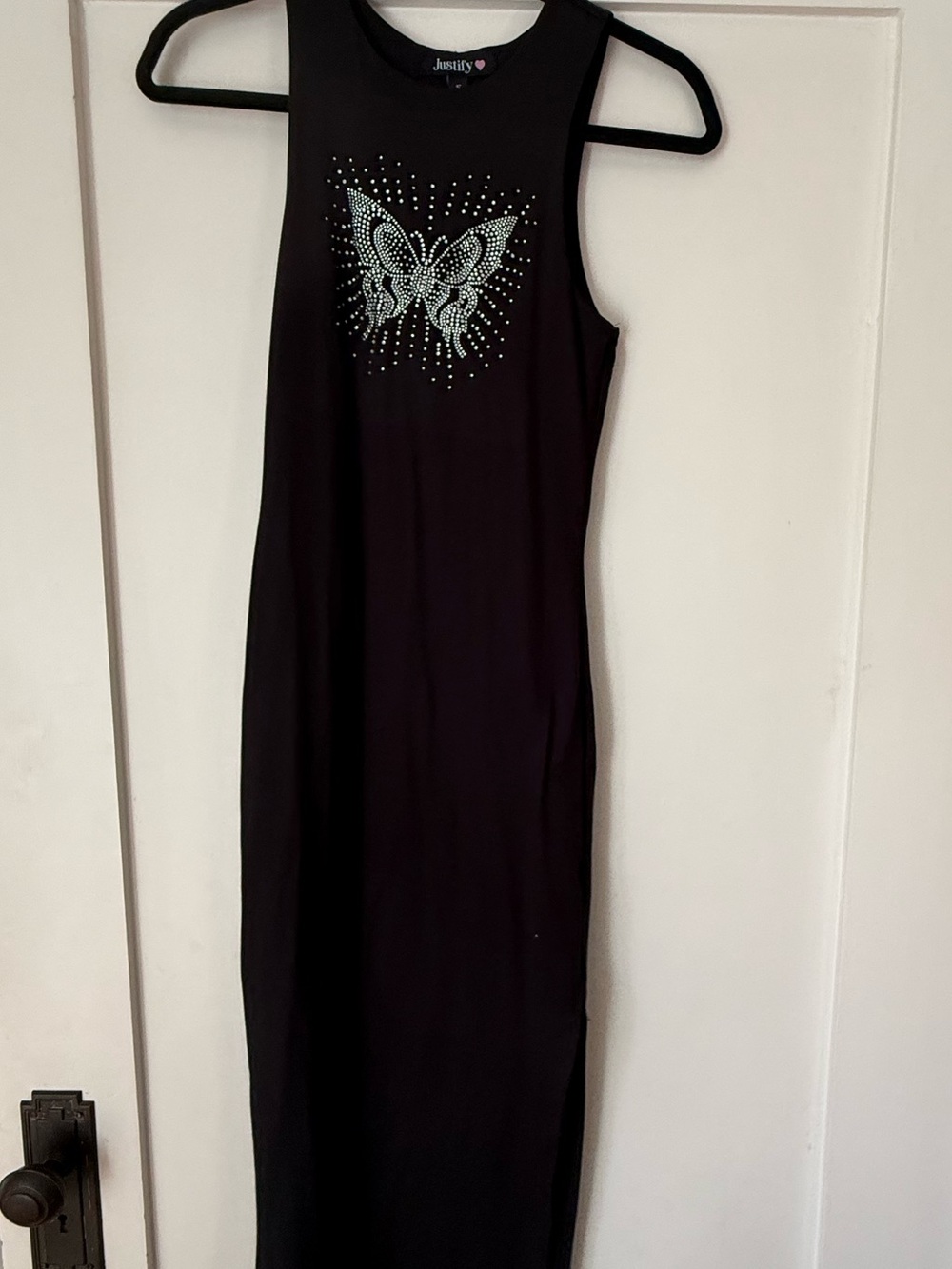 Justify Black Sleeveless Maxi Dress with Rhinestone Butterfly Motif, size Small